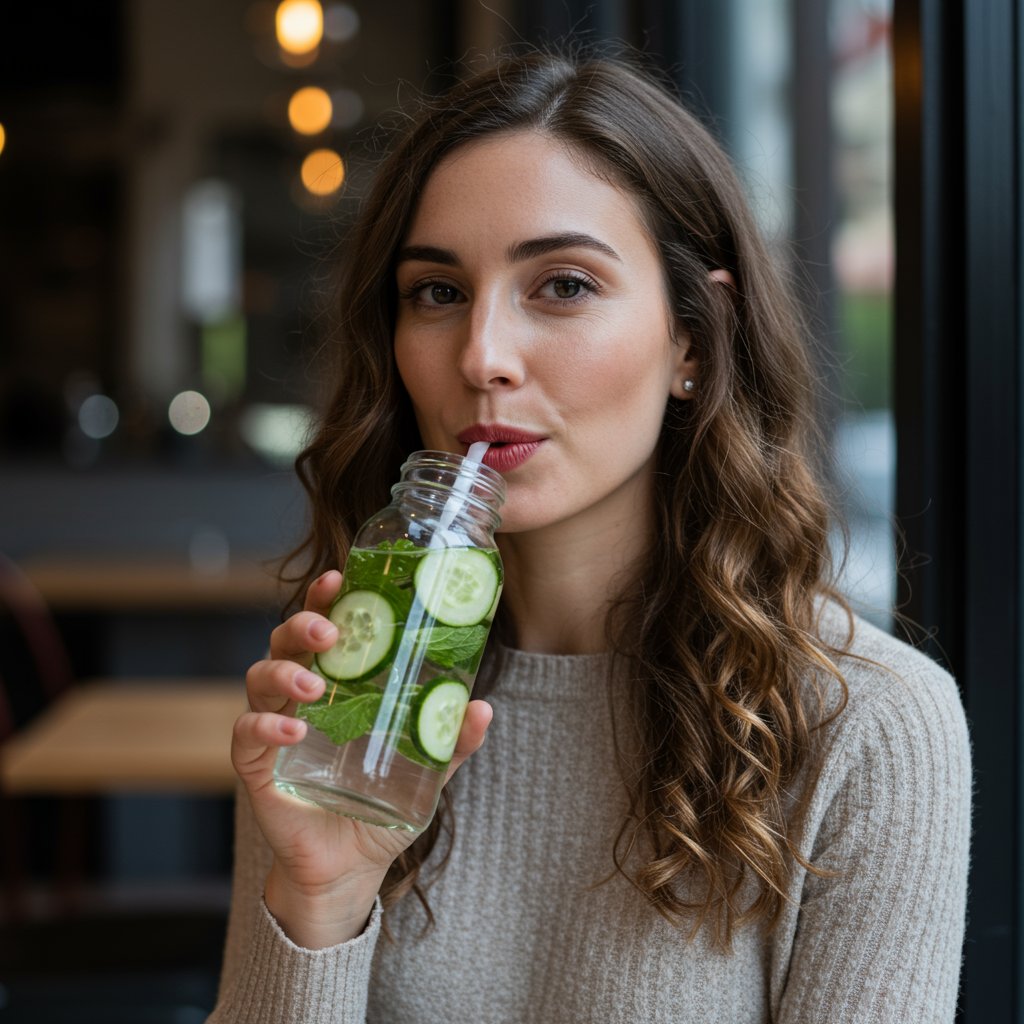 Stylish Woman Drinking Water With Healthy Hair