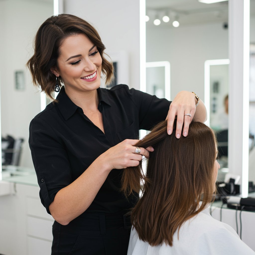 Stylist Examining Client Healthy Hair In Salon