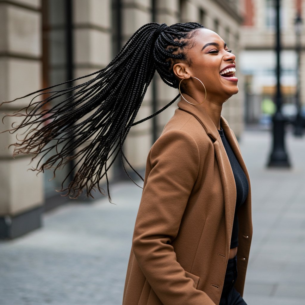 Woman-Styling-Knotless-Braids-In-High-Ponytail