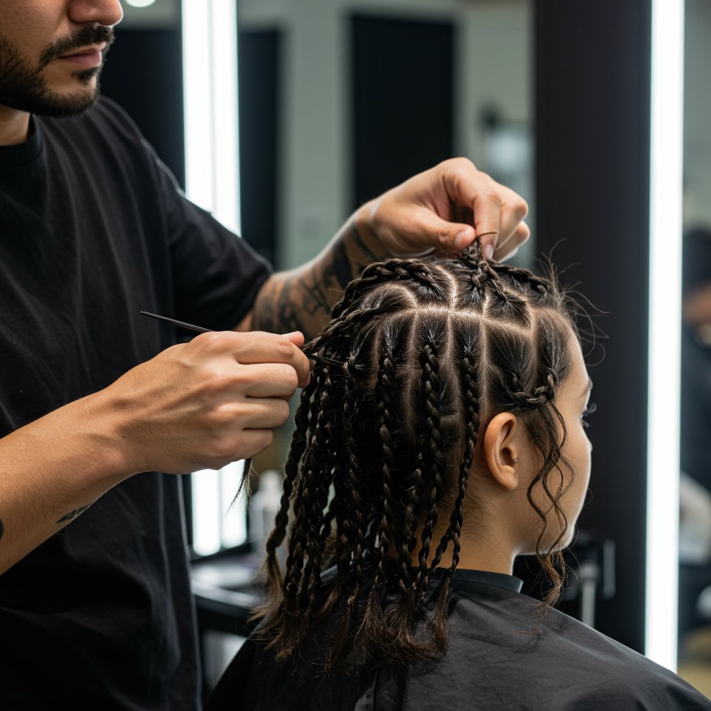 Stylist-Installing-Knotless-Braids
