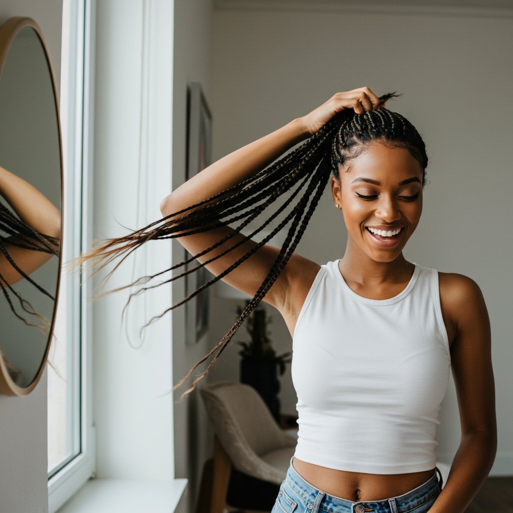 Woman Styling Knotless Braids Ponytail