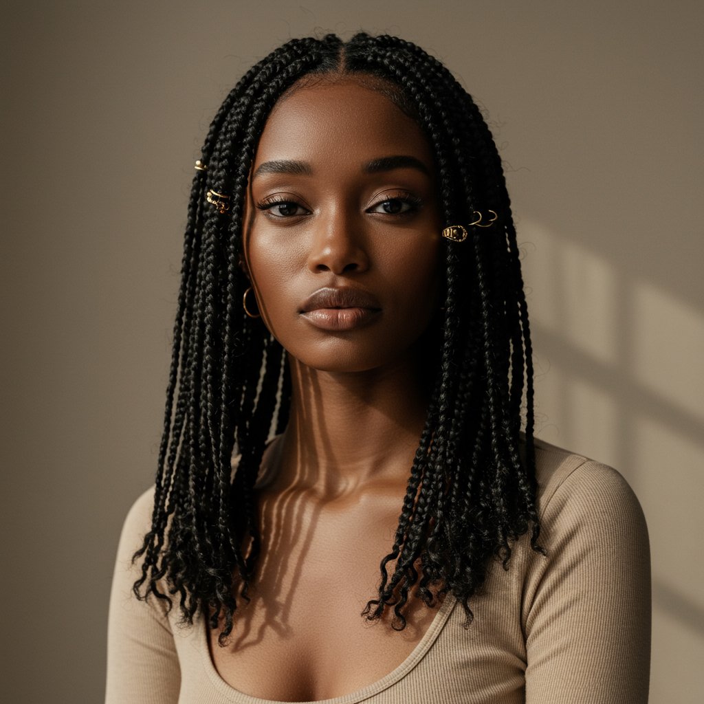 Woman With Flawless Knotless Braids Editorial
