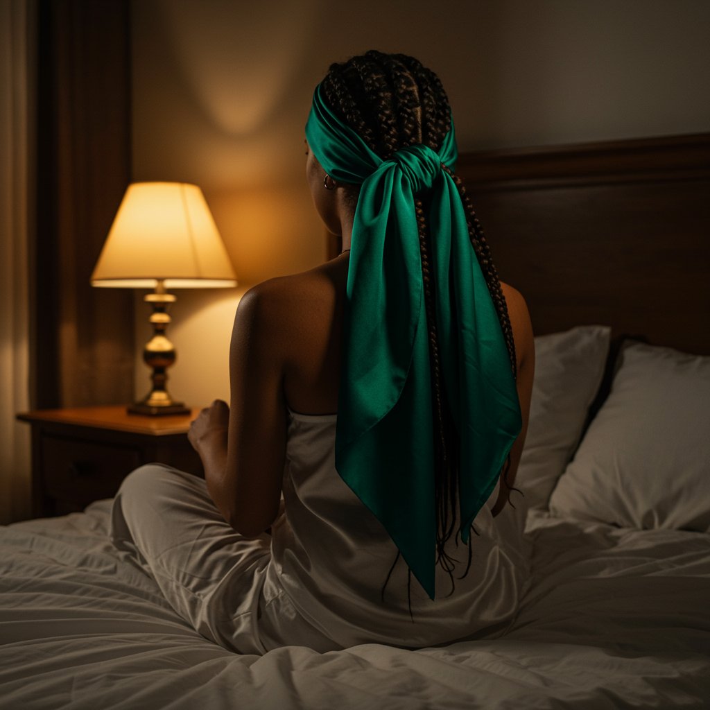 Woman Wrapping Braids In Silk Scarf