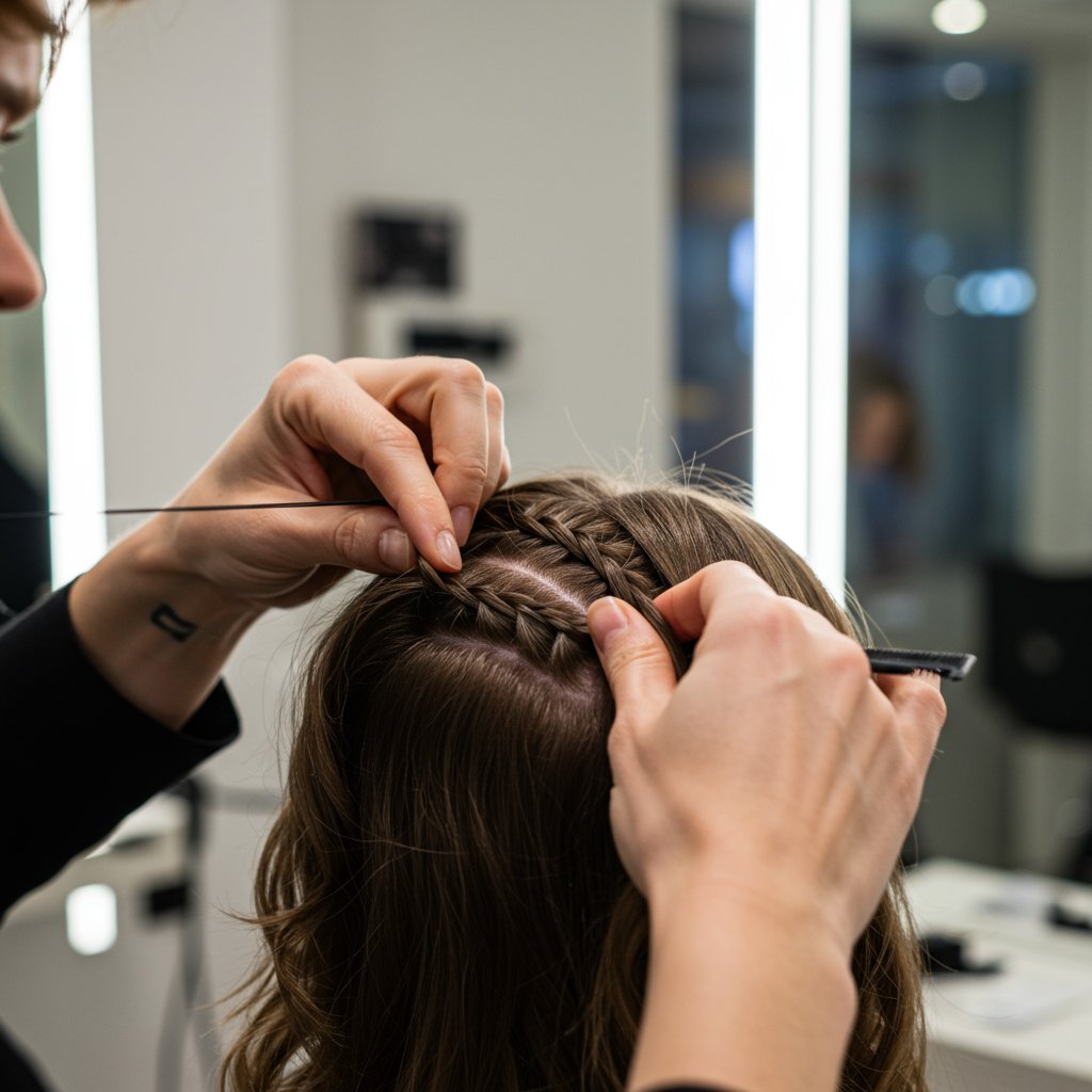 Stylist Installing Knotless Braids In Salon