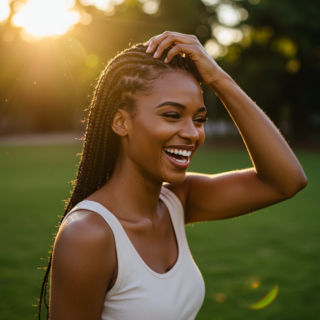 Woman Comfortably Touching Scalp With Knotless Braids
