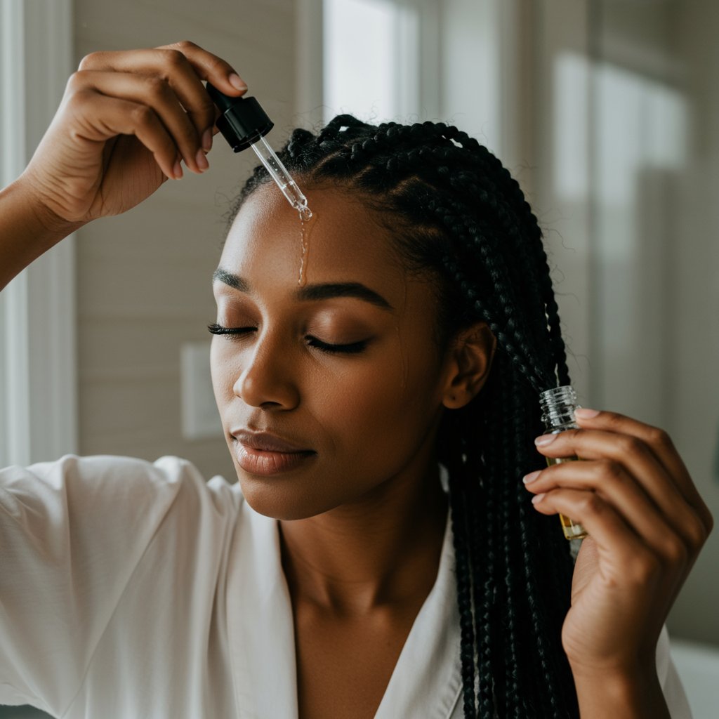 Woman Oiling Scalp With Knotless Braids