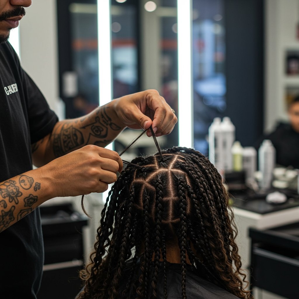 Stylist Installing Knotless Braids