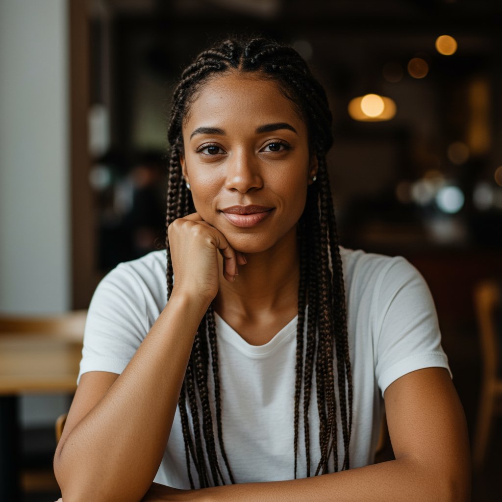 Woman With Knotless Braids Thoughtful Expression