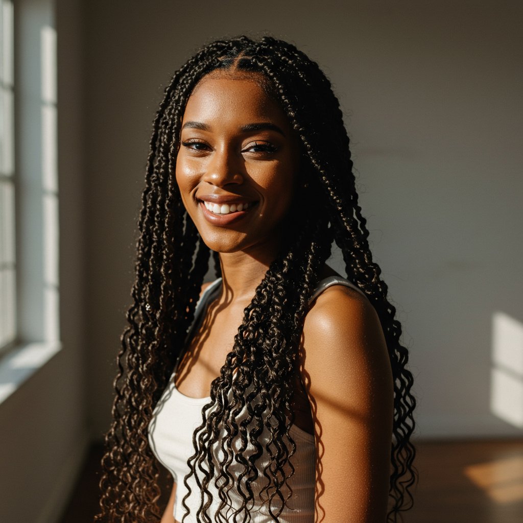 Woman With Long Knotless Braids Smiling