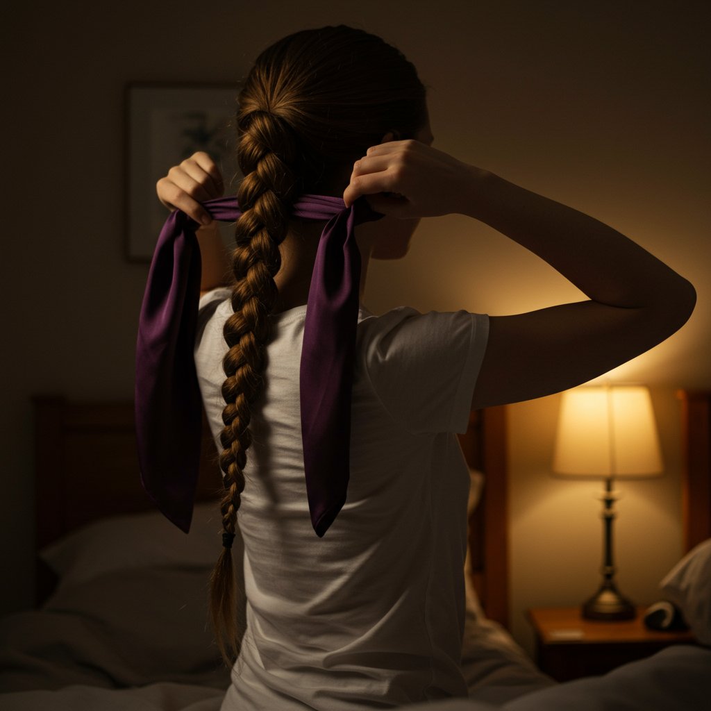 Woman Tying Silk Scarf Over Braids