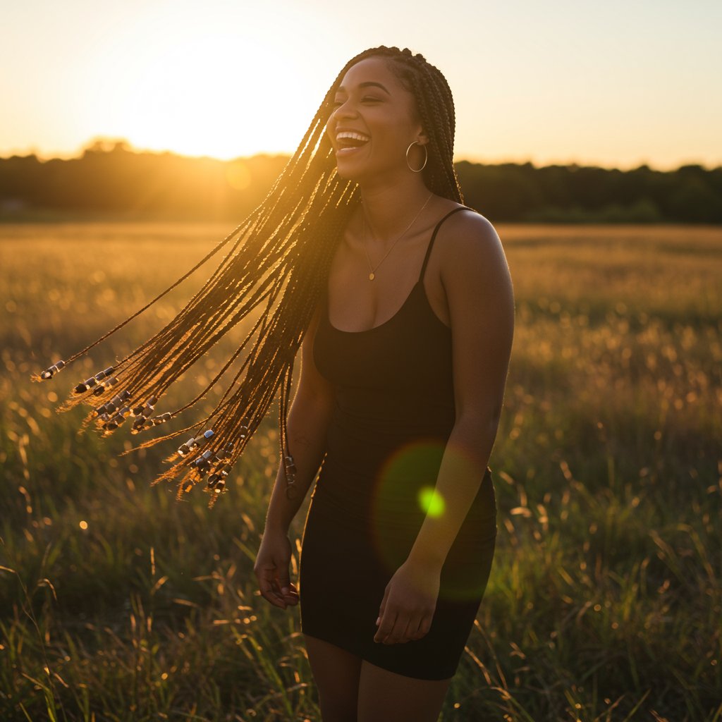 Woman With Flowing Knotless Braids Outdoors