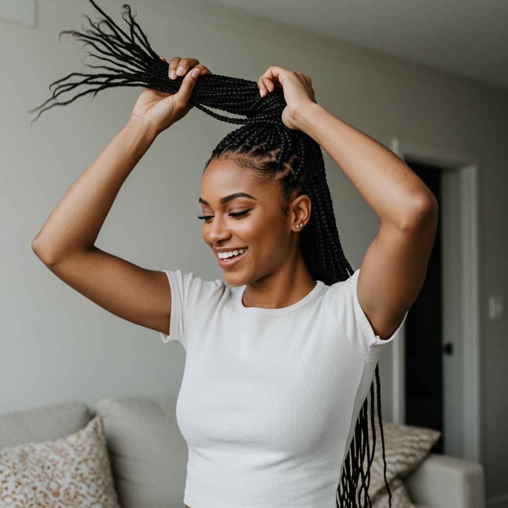 Woman-Comfortably-Styling-New-Knotless-Braids