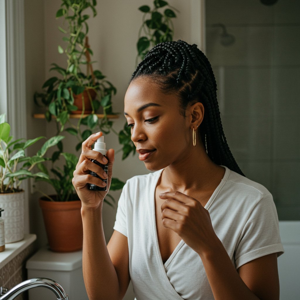 Woman-Moisturizing-Scalp-With-Knotless-Braids