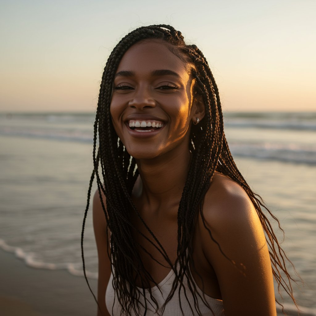 Woman-With-Knotless-Braids-On-Beach