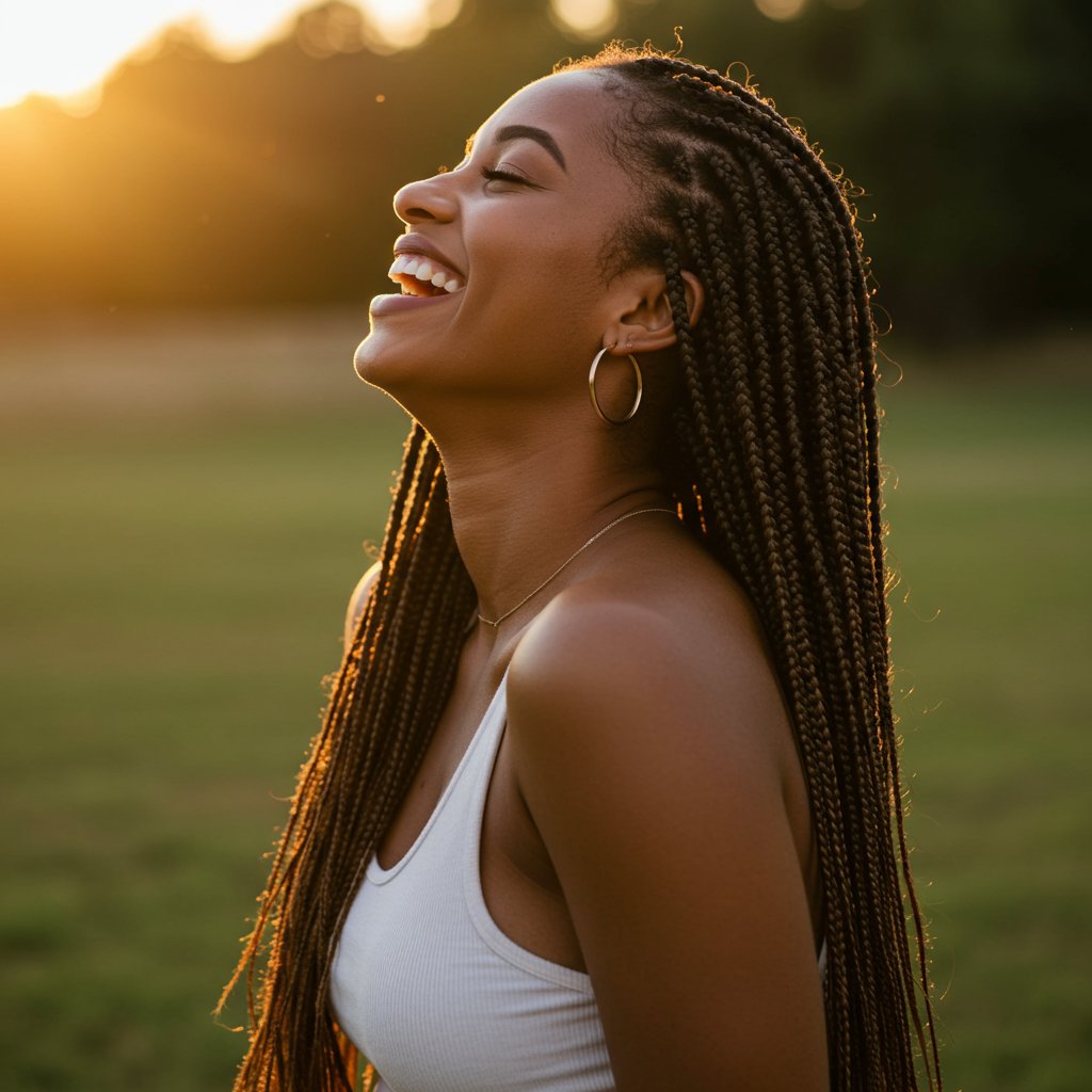 Woman Laughing Freely With Knotless Braids
