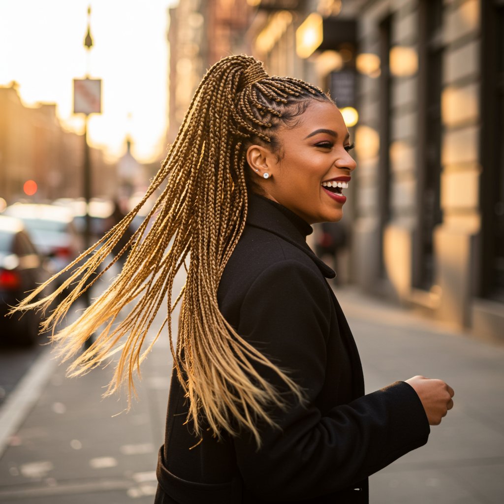 Woman With Knotless Braids In High Ponytail