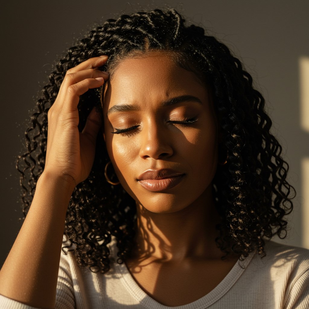 Woman Comfortably Touching Her Knotless Braids