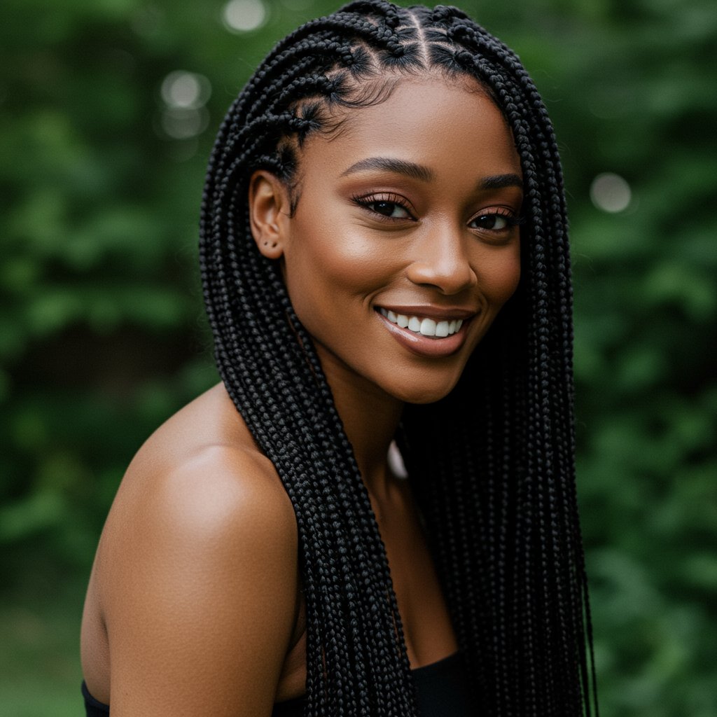 Woman With Flawless Knotless Braids Smiling