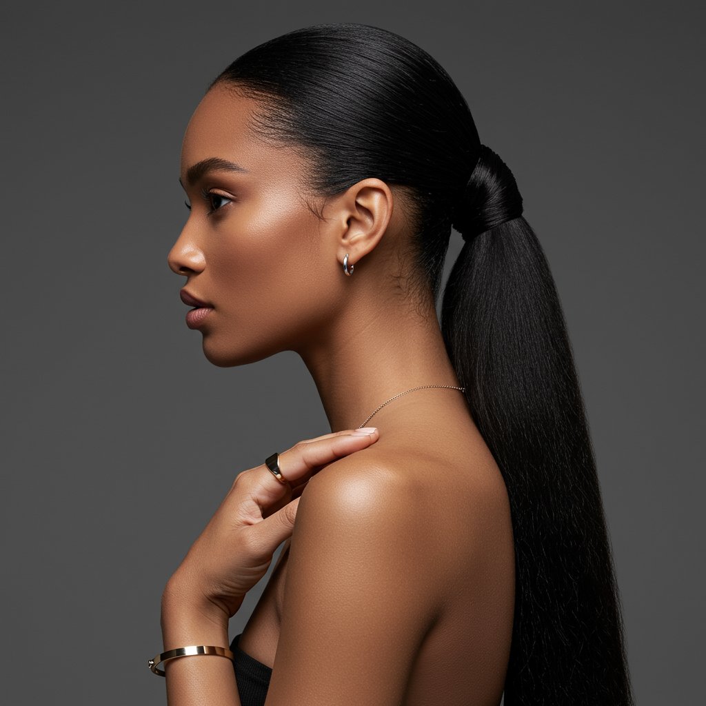 Woman With Knotless Braids In Elegant High Ponytail