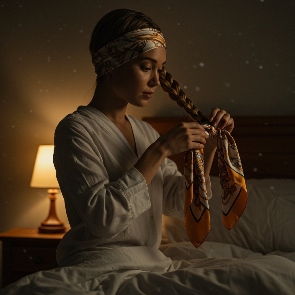Woman Wrapping Braids In Satin Scarf For Bed