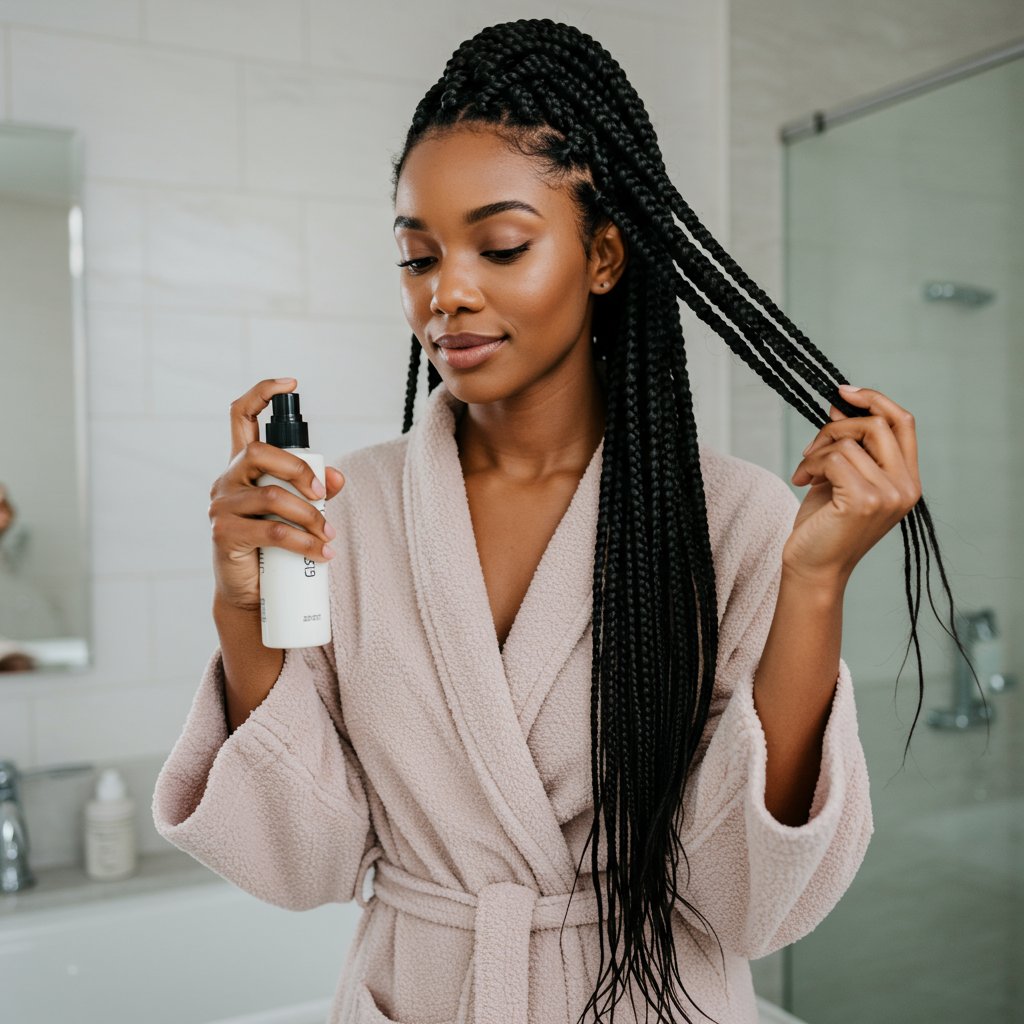 Woman Moisturizing Knotless Braids At Home