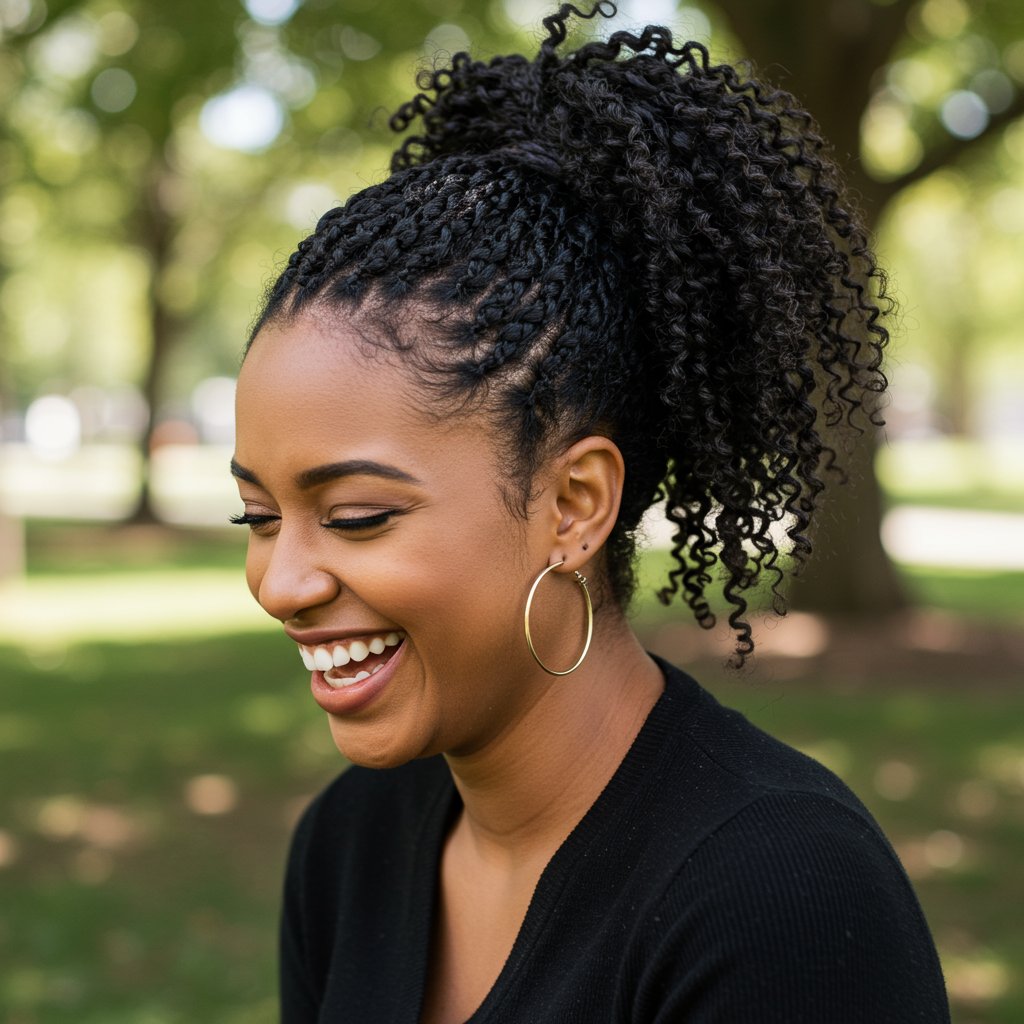 Woman Smiling Comfortably With Knotless Braids