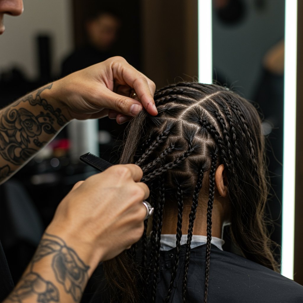 Stylist Meticulously Braiding Hair