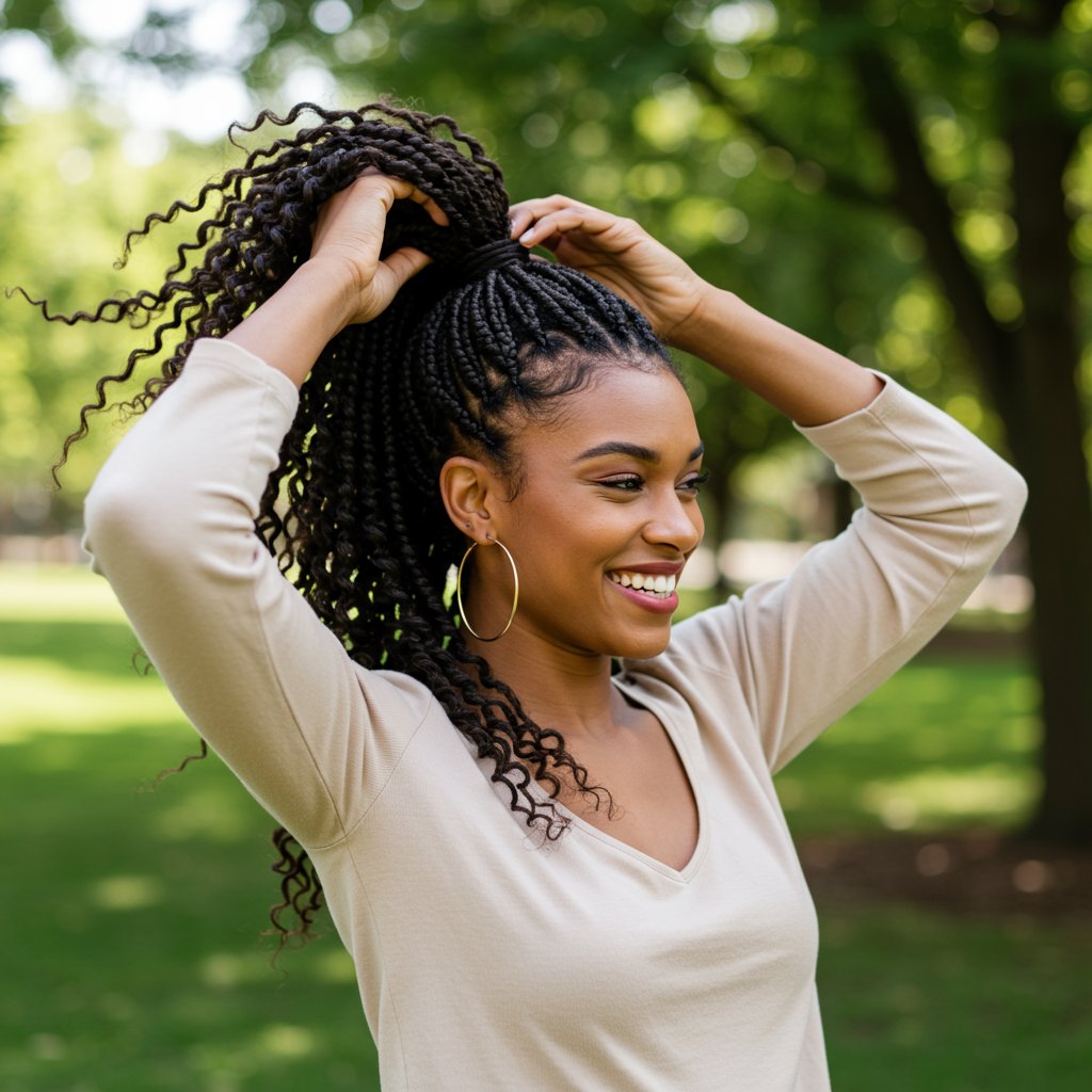 Woman Flexibly Styling Knotless Braids Pain-Free