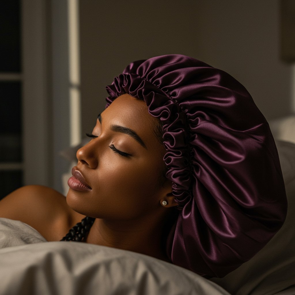 Woman Sleeping With Silk Bonnet Over Knotless Braids