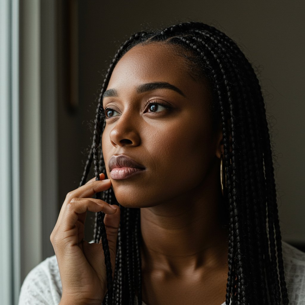 Thoughtful-Woman-Touching-Her-Knotless-Braids