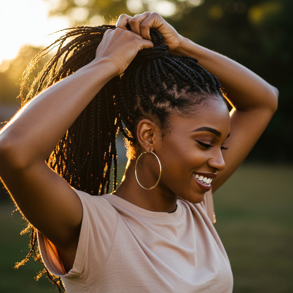 Woman-Styling-Flexible-Knotless-Braids-Into-Ponytail