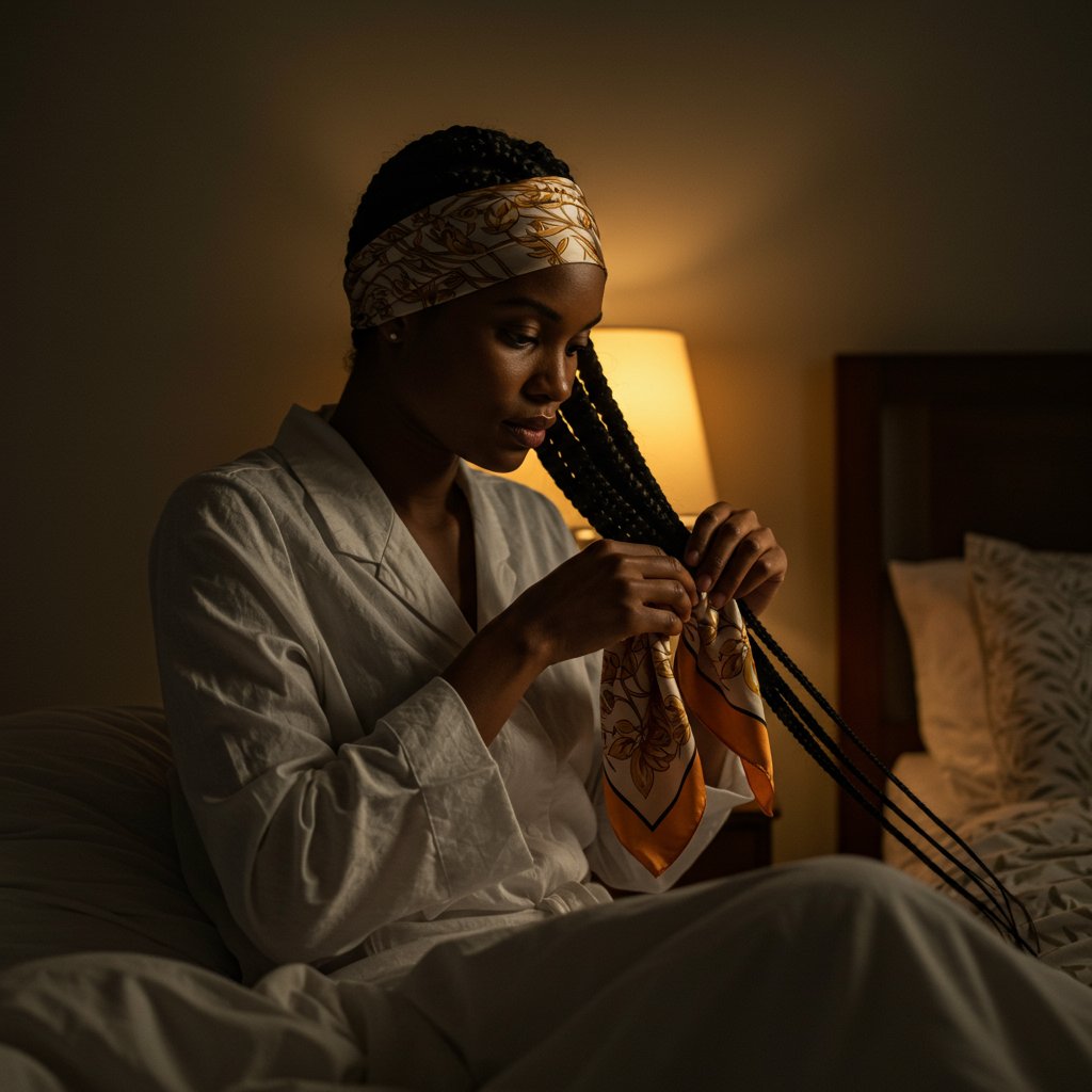 Woman-Wrapping-Knotless-Braids-In-Satin-Scarf-For-Bed