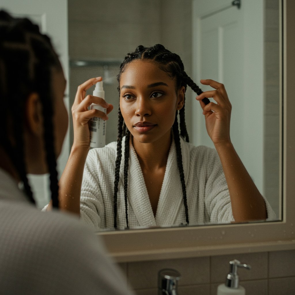 Woman Moisturizing Scalp With Braids