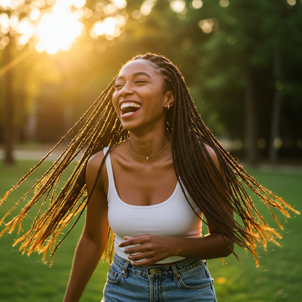 Woman Swinging Knotless Braids Outdoors