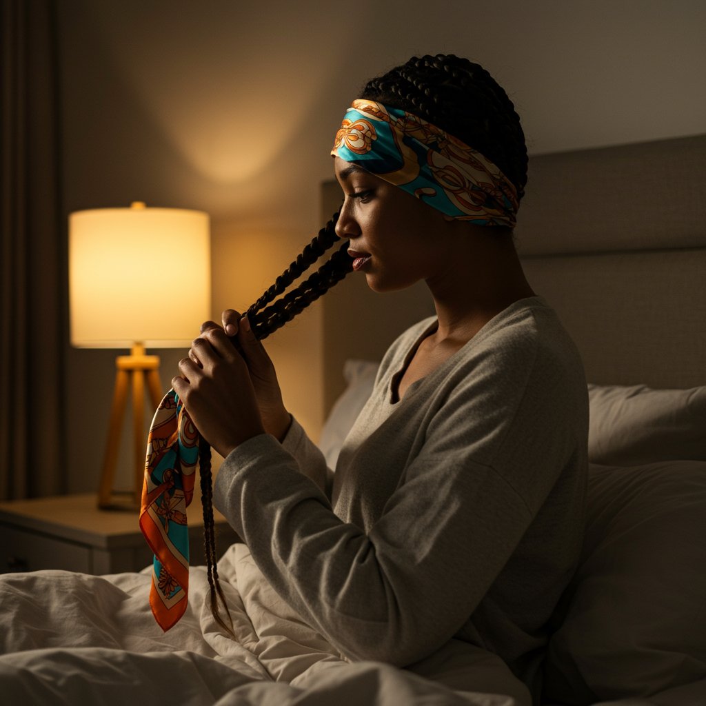 Woman Wrapping Braids In Silk Scarf