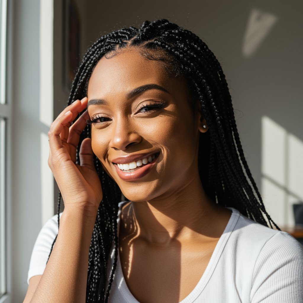 Woman-Comfortably-Touching-Her-Knotless-Braids