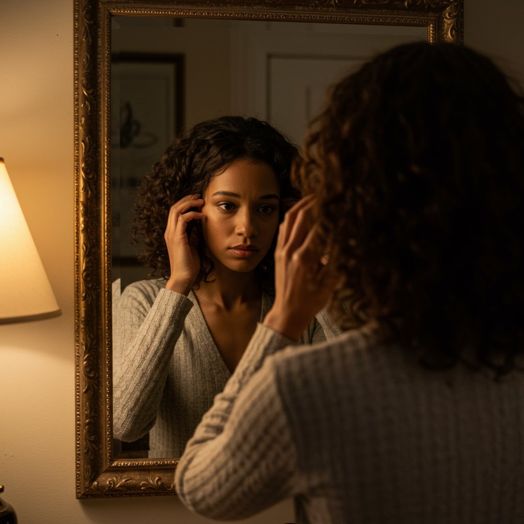 Woman-Examining-Hair-Texture-In-Mirror