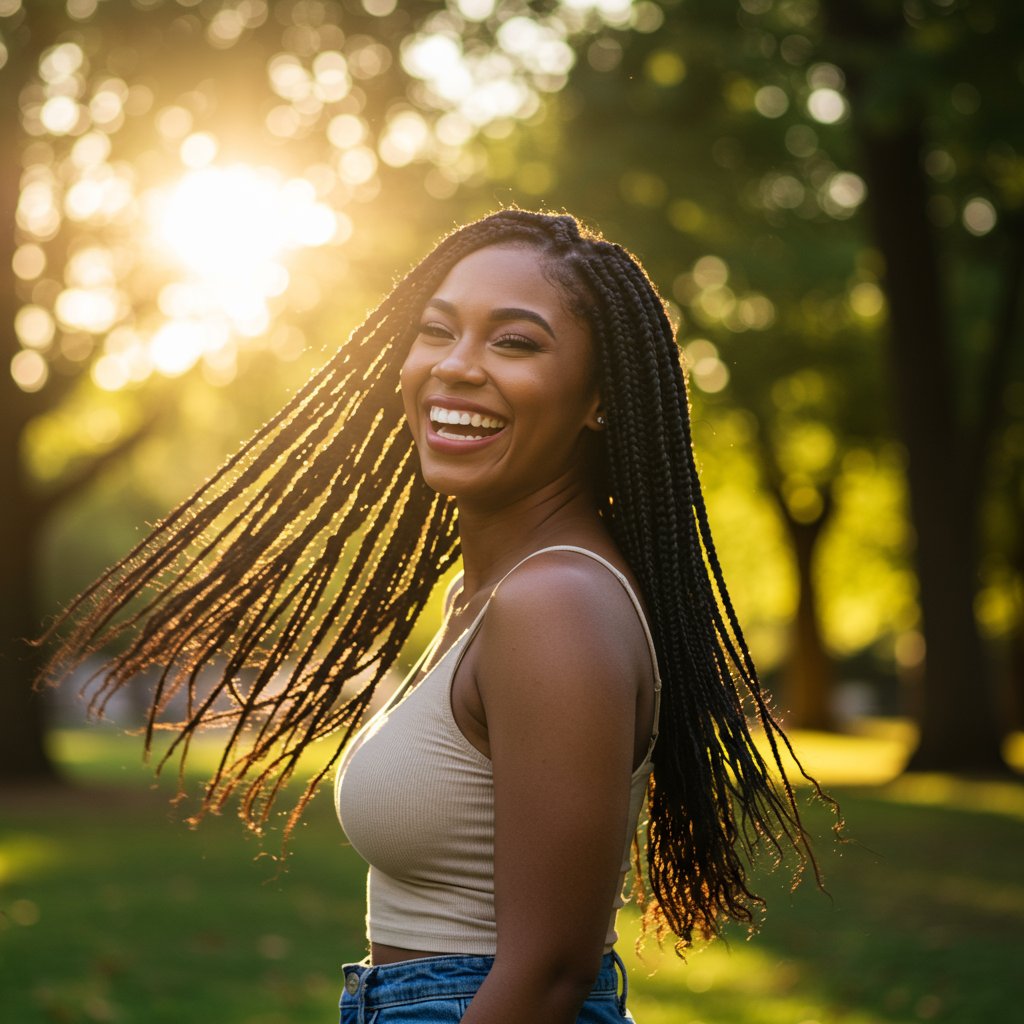 Woman Flipping Her Lightweight Knotless Braids