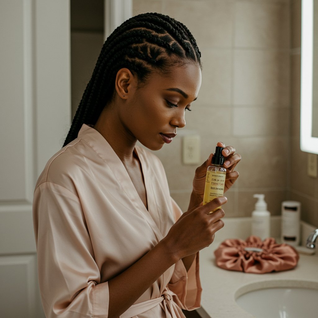 Woman Moisturizing Scalp With Knotless Braids
