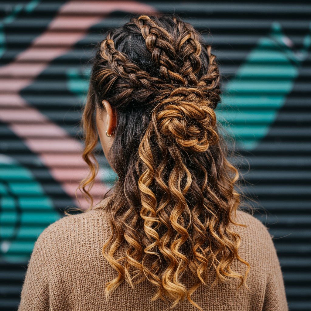 Woman With Colorful Bohemian Knotless Braids Updo
