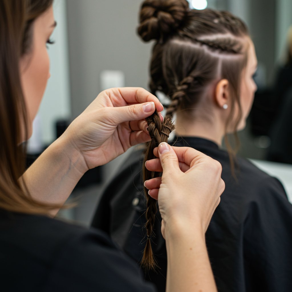 Stylist Installing Knotless Braids Feed In Method