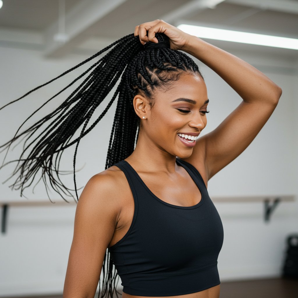 Woman Effortlessly Styling Knotless Braids Ponytail