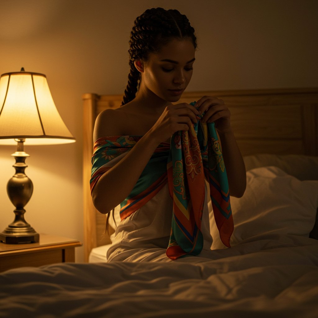 Woman Wrapping Knotless Braids In Satin Scarf