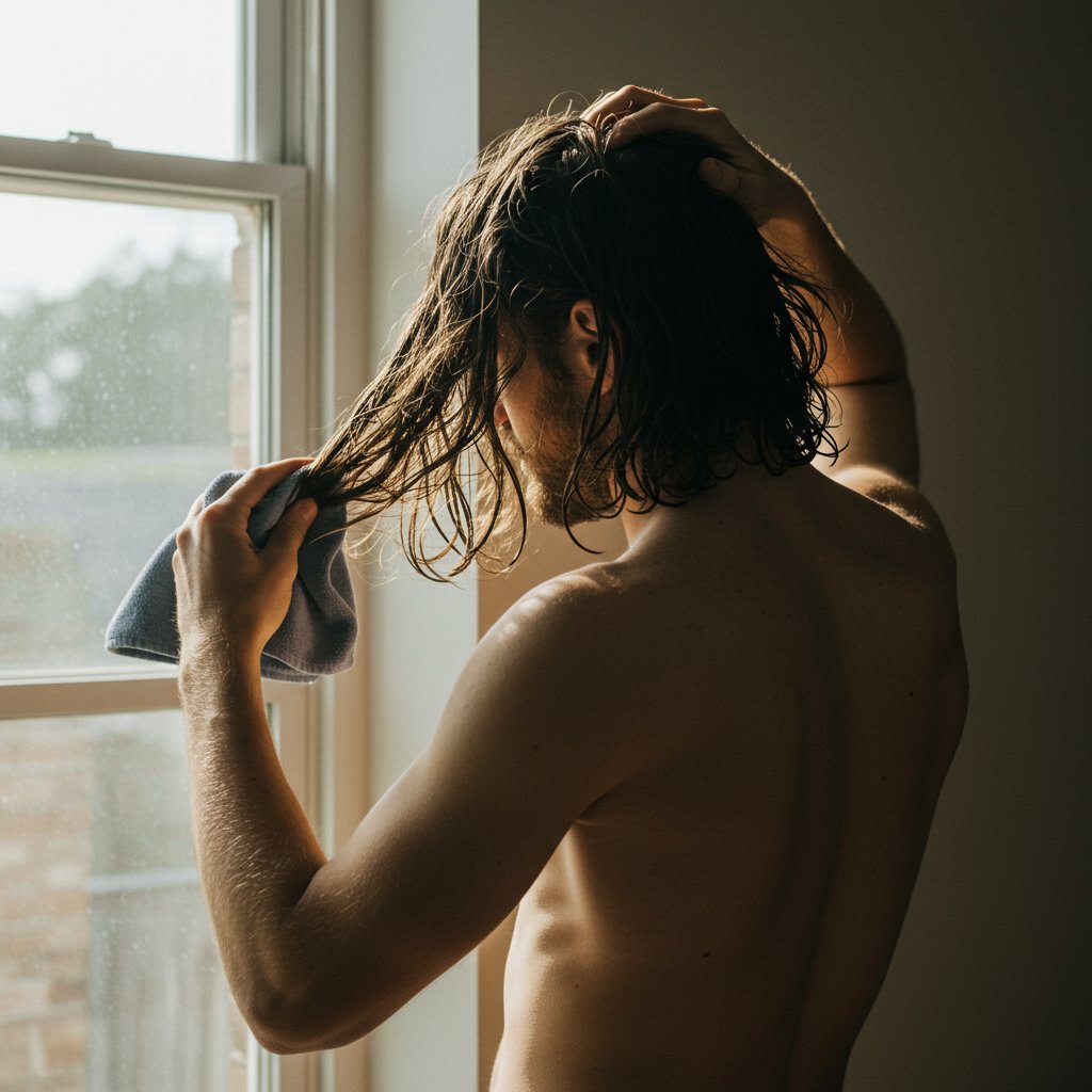 Man Air Drying Hair By Window