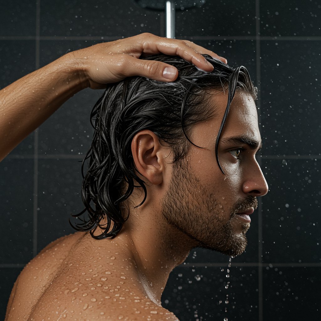 Man Conditioning Long Hair In Shower