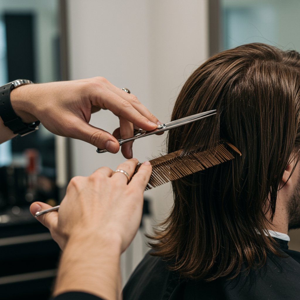 Stylist Trimming Mans Long Hair In Salon