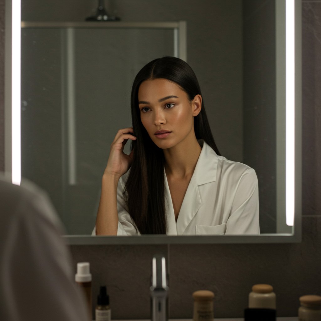 Woman With Straight Hair In Mirror