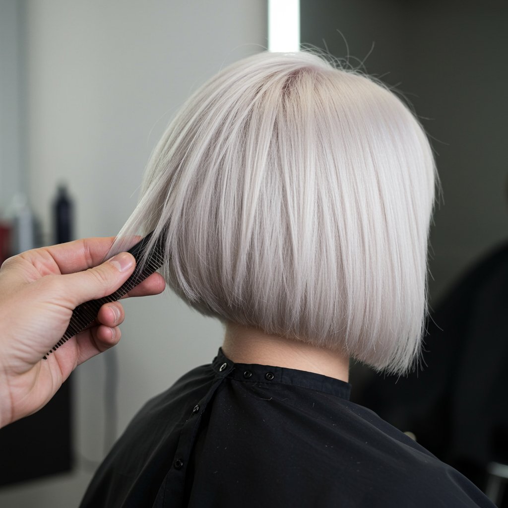 Stylist Finishing A Blunt Platinum Bob