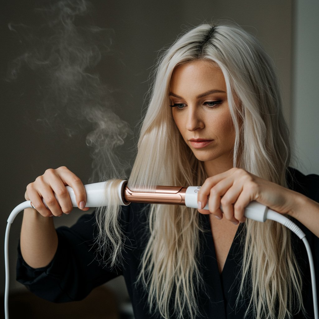 Woman Carefully Curling Blonde Hair