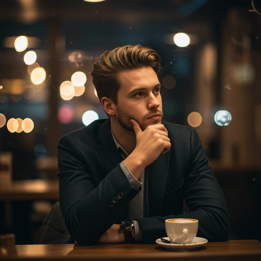 Thoughtful Man With Quiff In Cafe